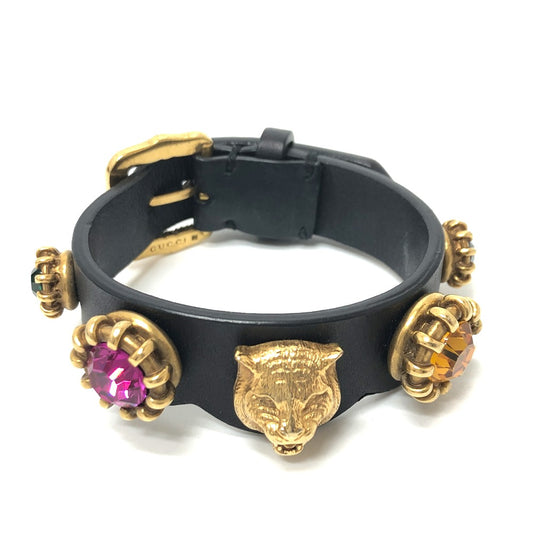 GUCCI Tiger Head Accessory Bracelet Leather Men's Black