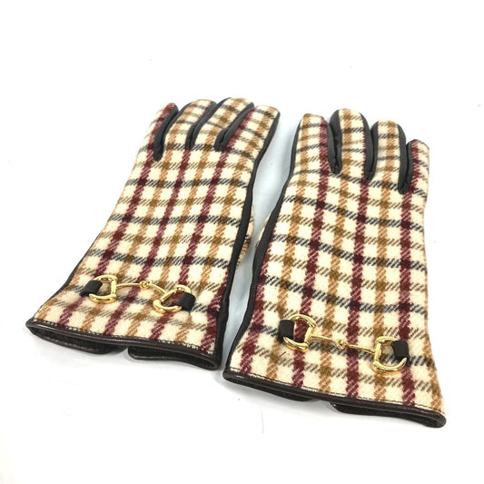 GUCCI 603635 Check Horsebit Gloves, Wool/Cashmere, Women's, Brown