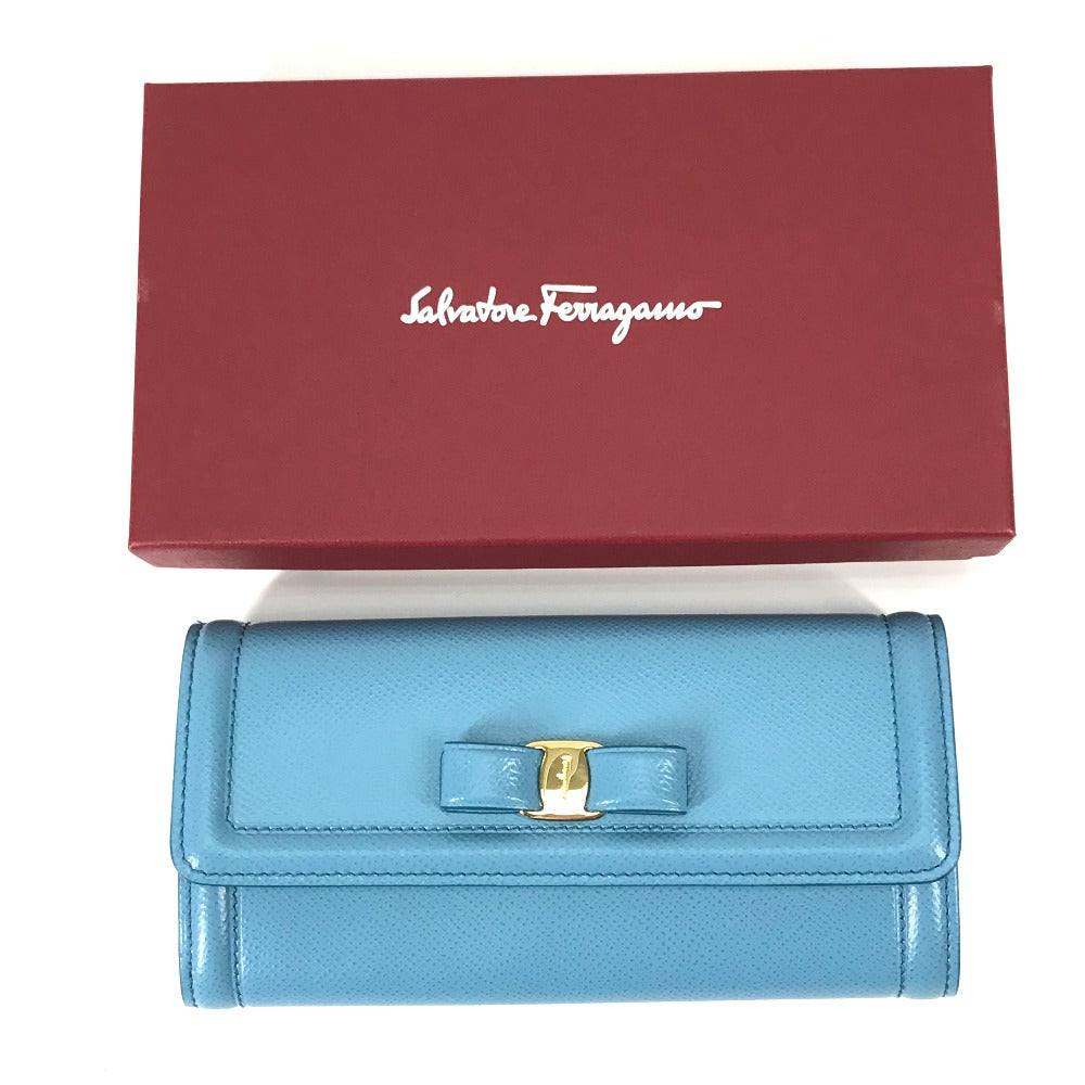 Salvatore Ferragamo 22D154 Vara Ribbon Long Wallet with Pass Case, Women's Leather, Blue