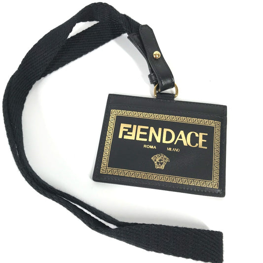 Versace Medusa Card Case with Neck Strap, Unisex Leather, Black
