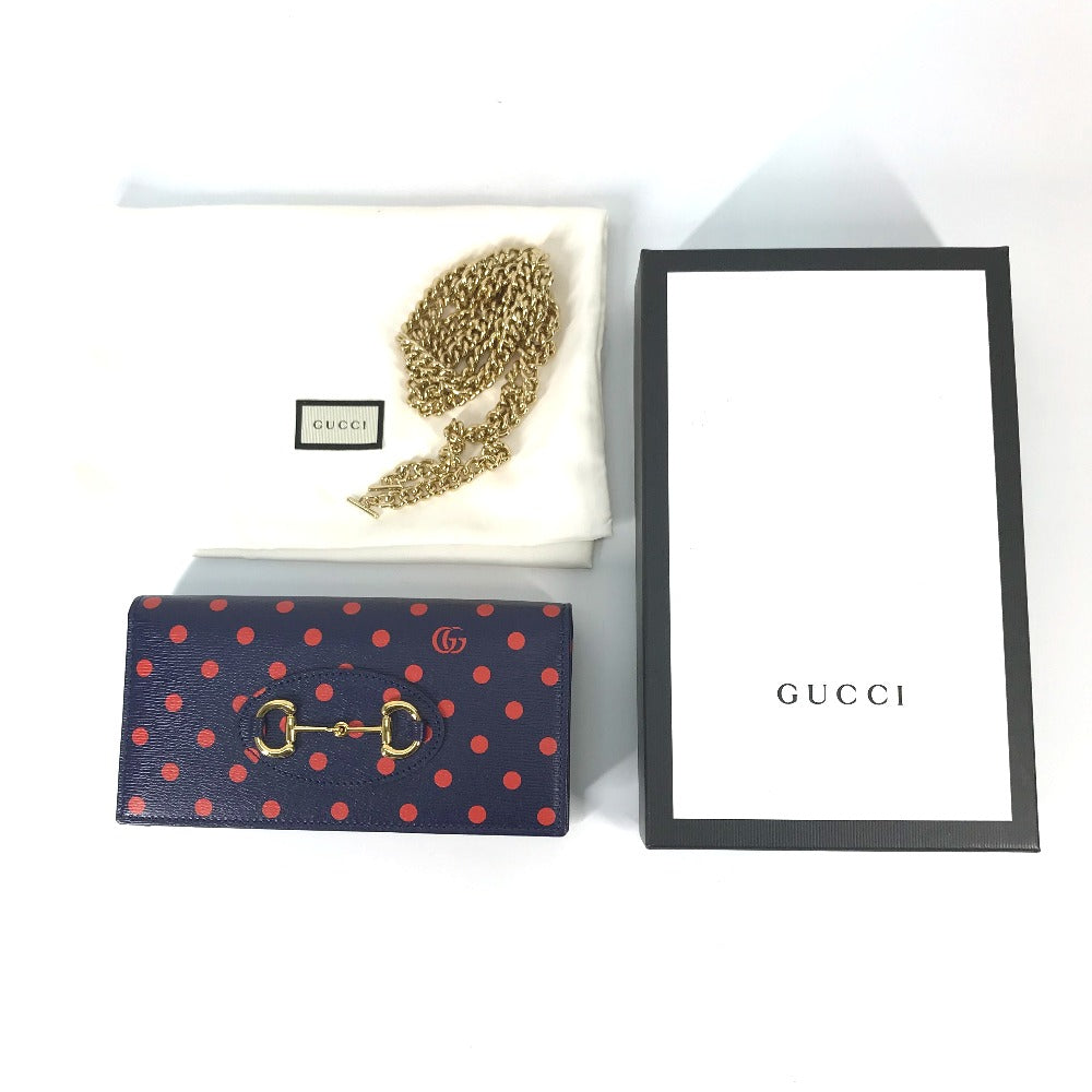GUCCI 621892 Horsebit 1955 Dot Chain Wallet Shoulder Bag/Crossbody Wallet Leather Women's Navy x Red