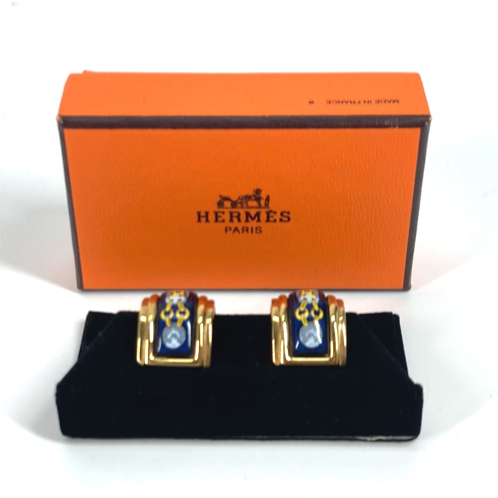 HERMES H Pattern Cloisonne Enamel Earrings GP Women's Gold and Blue