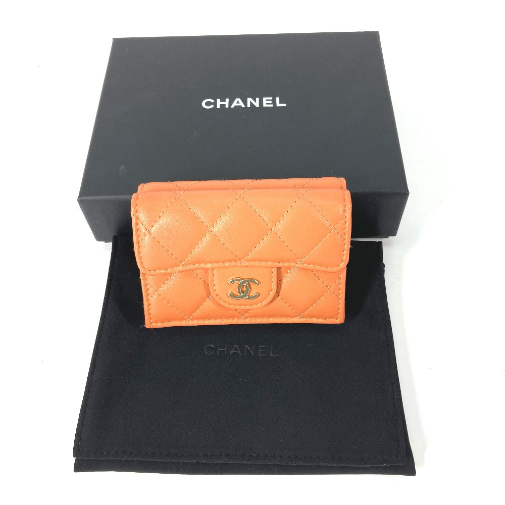 CHANEL AP0230 CC Coco Mark Matelasse Quilted Compact Wallet Tri-fold Lambskin Women's Orange