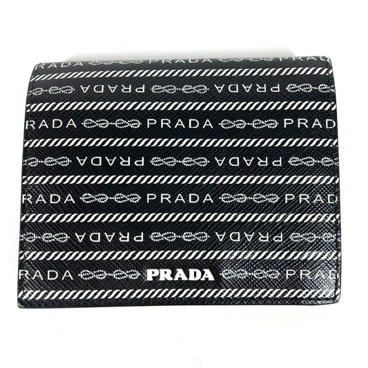 PRADA 1MV204 All-Over Logo Compact Wallet, Bi-Fold Leather, Women's, Black
