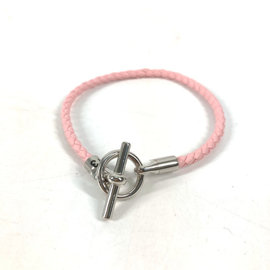 HERMES Braided Grennan Bangle Bracelet, Leather, Women's, Pink