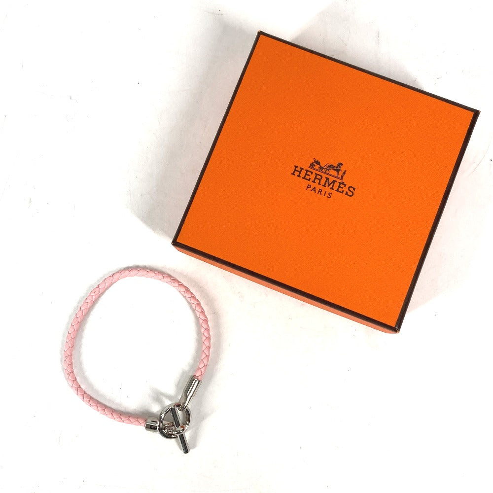 HERMES Braided Grennan Bangle Bracelet, Leather, Women's, Pink