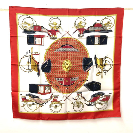 HERMES Les Voitures Nouvelles "Evolution of the Carriage" Carré 90 Scarf, Silk, Women's, Red