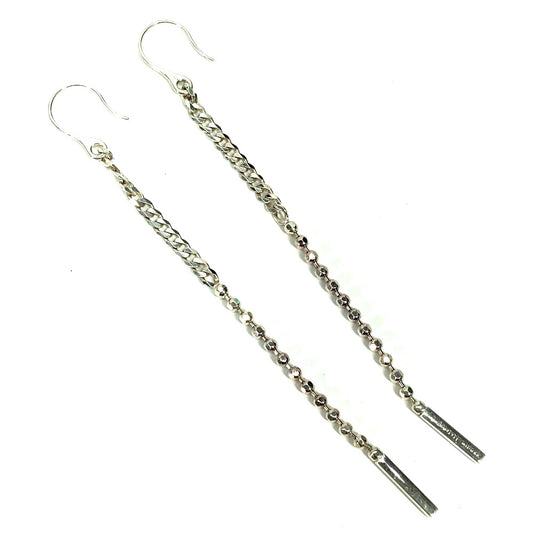 GUCCI Hook Chain Logo Bar Lariat Long Swing Drop Earrings Metal Women's Silver