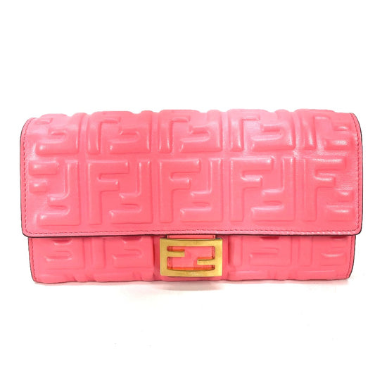 FENDI 8M0251 Zucca Baguette Continental Flap Bifold Long Wallet in Pink Leather