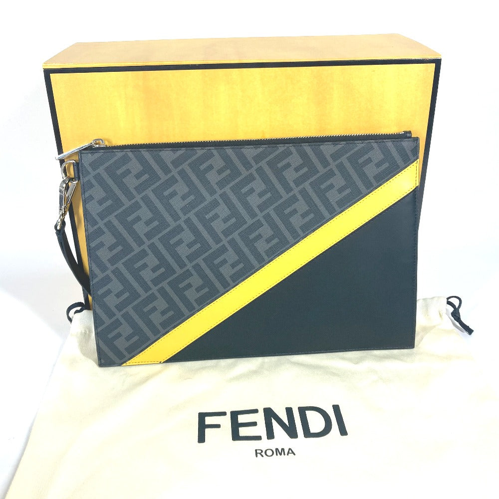 FENDI 7N0110 フラット スリム ダイアゴナル ズッカ セカンドバッグ カバン ポーチ クラッチバッグ レザー ユニセックス ブラック×イエロー×グレー