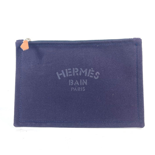 HERMES ロゴ フラット ヨッティングPM 小物入れ マルチポーチ メイクポーチ ポーチ コットン ユニセックス ネイビ - brandshop-reference