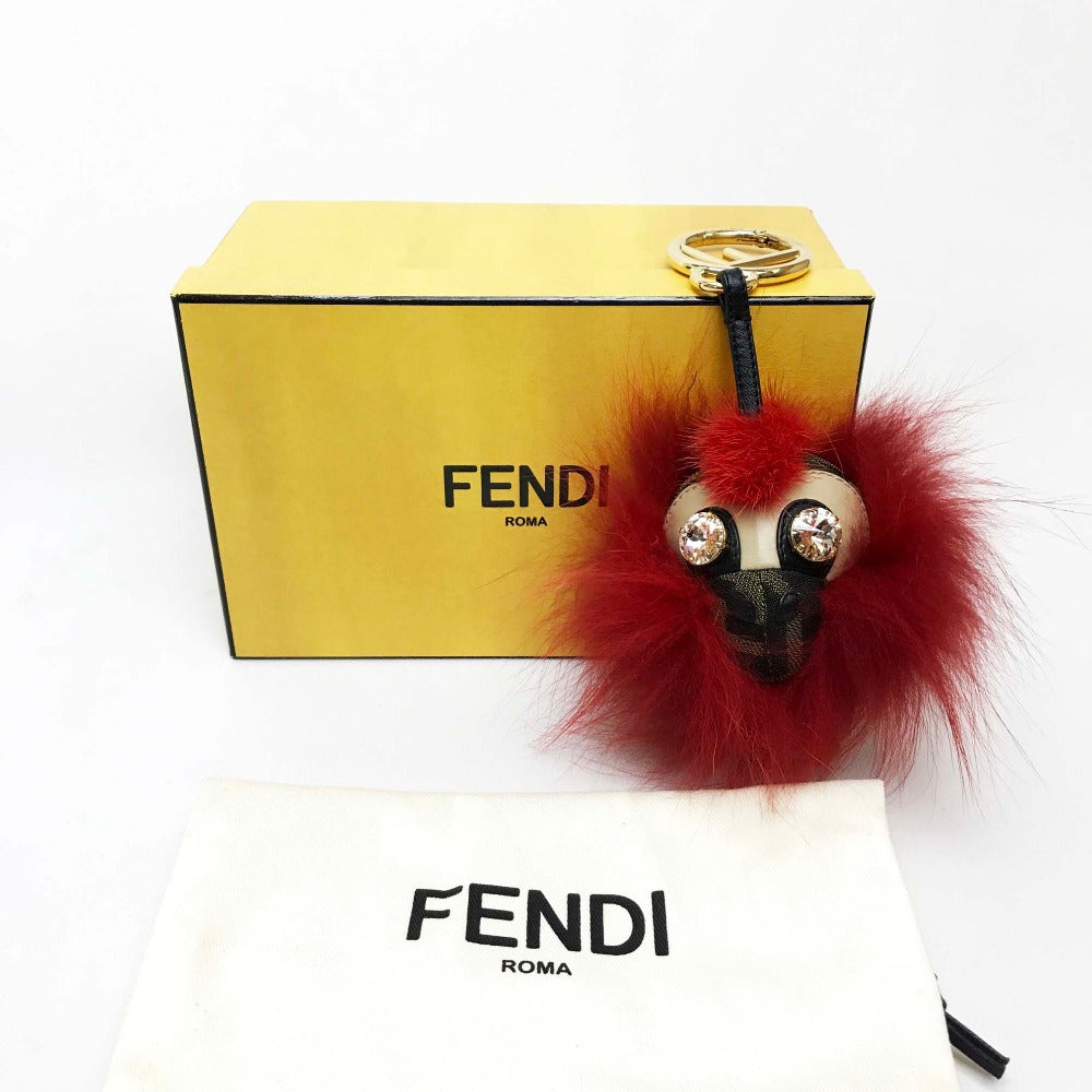 FENDI Real Fur Monster FF Pattern Key Ring with Beads, Unisex, Red and Brown