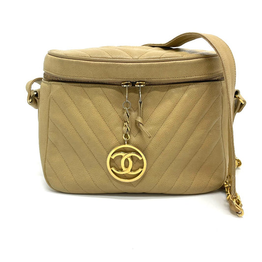 CHANEL CC Coco Charm V-Stitch Chevron Chain Shoulder Bag in Beige Caviar Leather