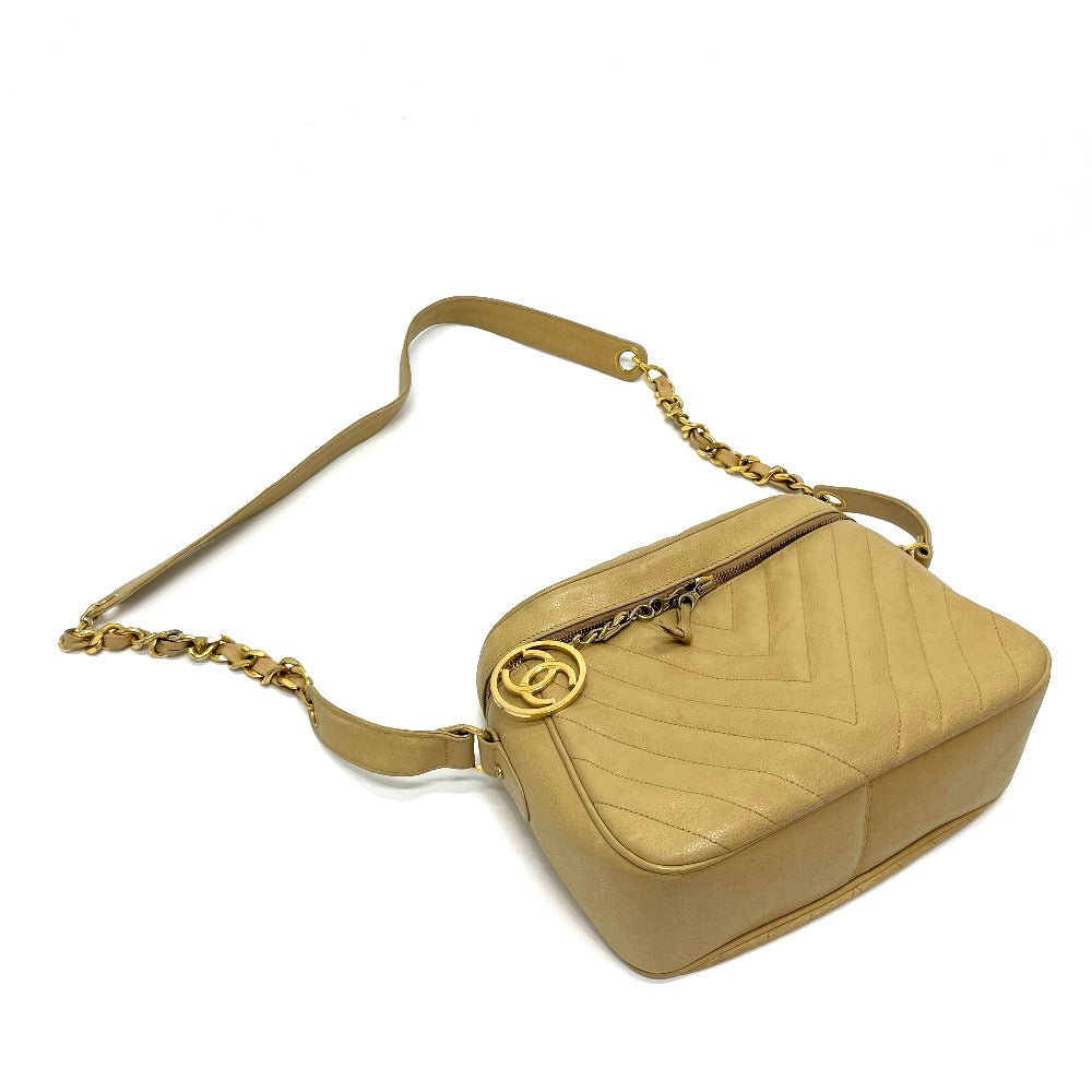 CHANEL CC Coco Charm V-Stitch Chevron Chain Shoulder Bag in Beige Caviar Leather