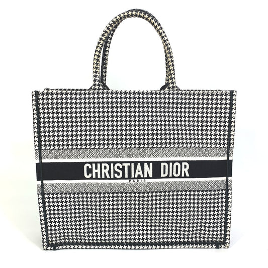 Dior 千鳥格子 ショルダーバッグ 肩掛け ハウンドトゥース エンブロイダリー カバン ブックトート トートバッグ キャンバス レディース ホワイト/ブラック