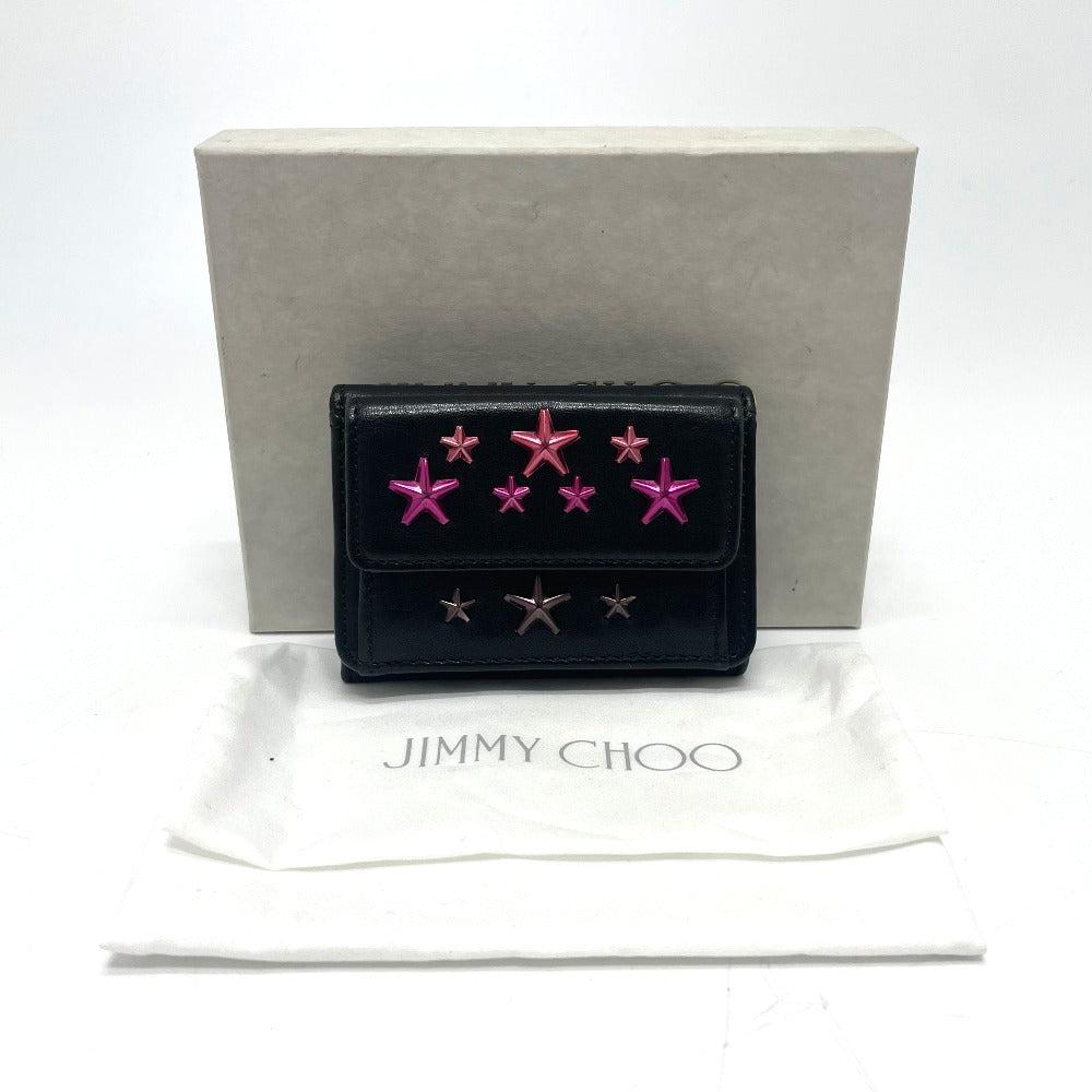 JIMMY CHOO Star Stud Wallet, Compact Mini Wallet, Tri-fold Leather Wallet, Women's, Black