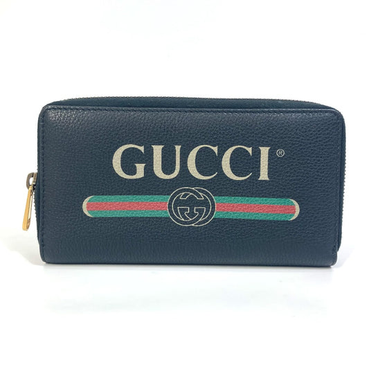 GUCCI 496317 シェリーライン GUCCI ロゴプリント ラウンドファスナー 長財布 レザー メンズ ブラック