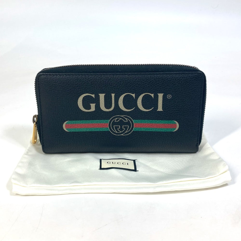 GUCCI 496317 シェリーライン GUCCI ロゴプリント ラウンドファスナー 長財布 レザー メンズ ブラック