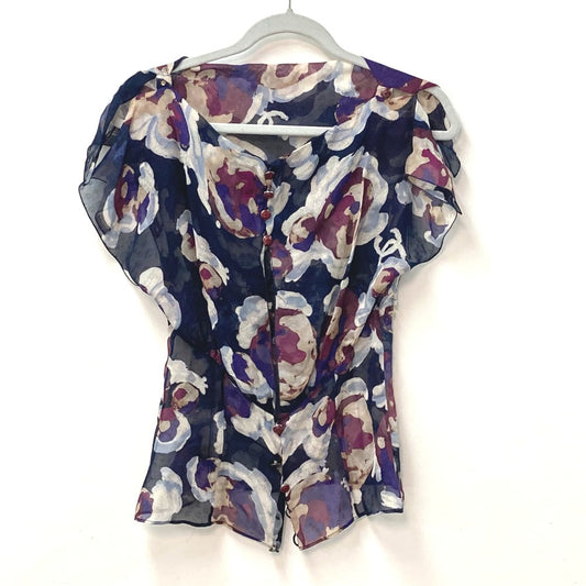 CHANEL P37278 Sheer Short Sleeve Coco Mark CC Camellia Button Top Apparel Silk Blouse Women's Multicolor