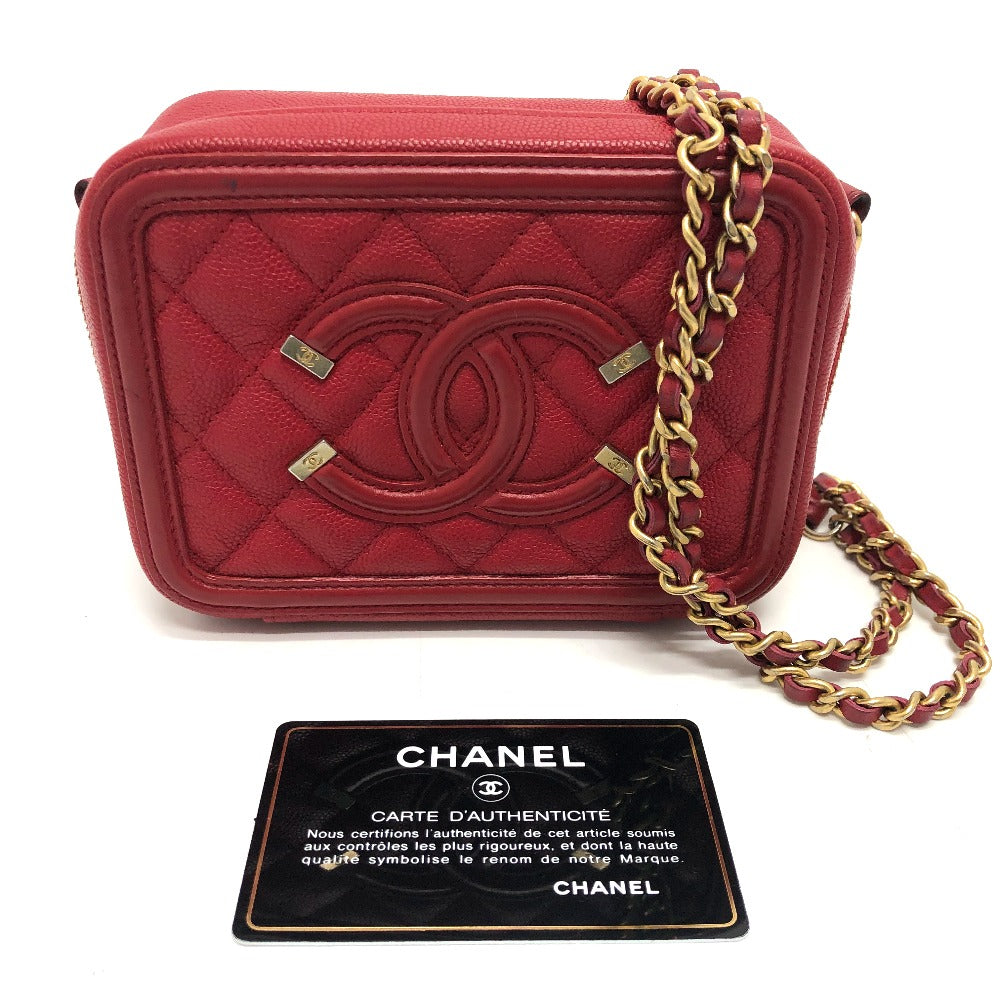 CHANEL A84452 CC フィリグリー マトラッセ チェーン ミニ ショルダーバッグ キャビアスキン レディース レッド