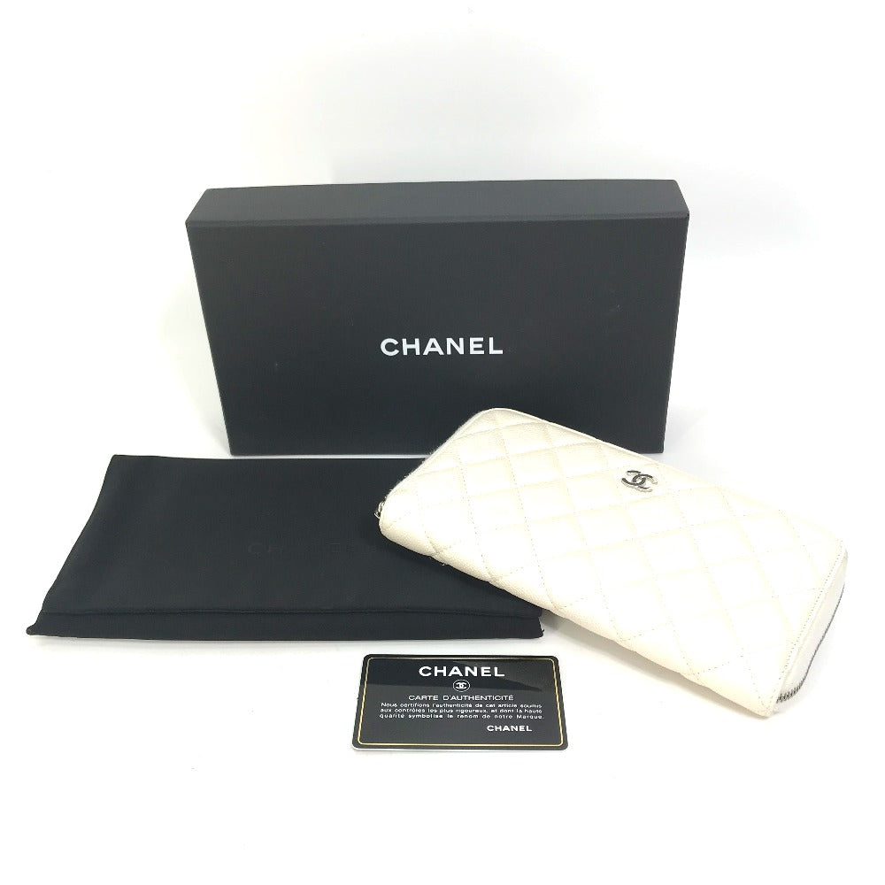 CHANEL A50097 マトラッセ CC ココマーク ラウンドファスナー キルティング ウォレット 長財布 キャビアスキン レディース ホワイト