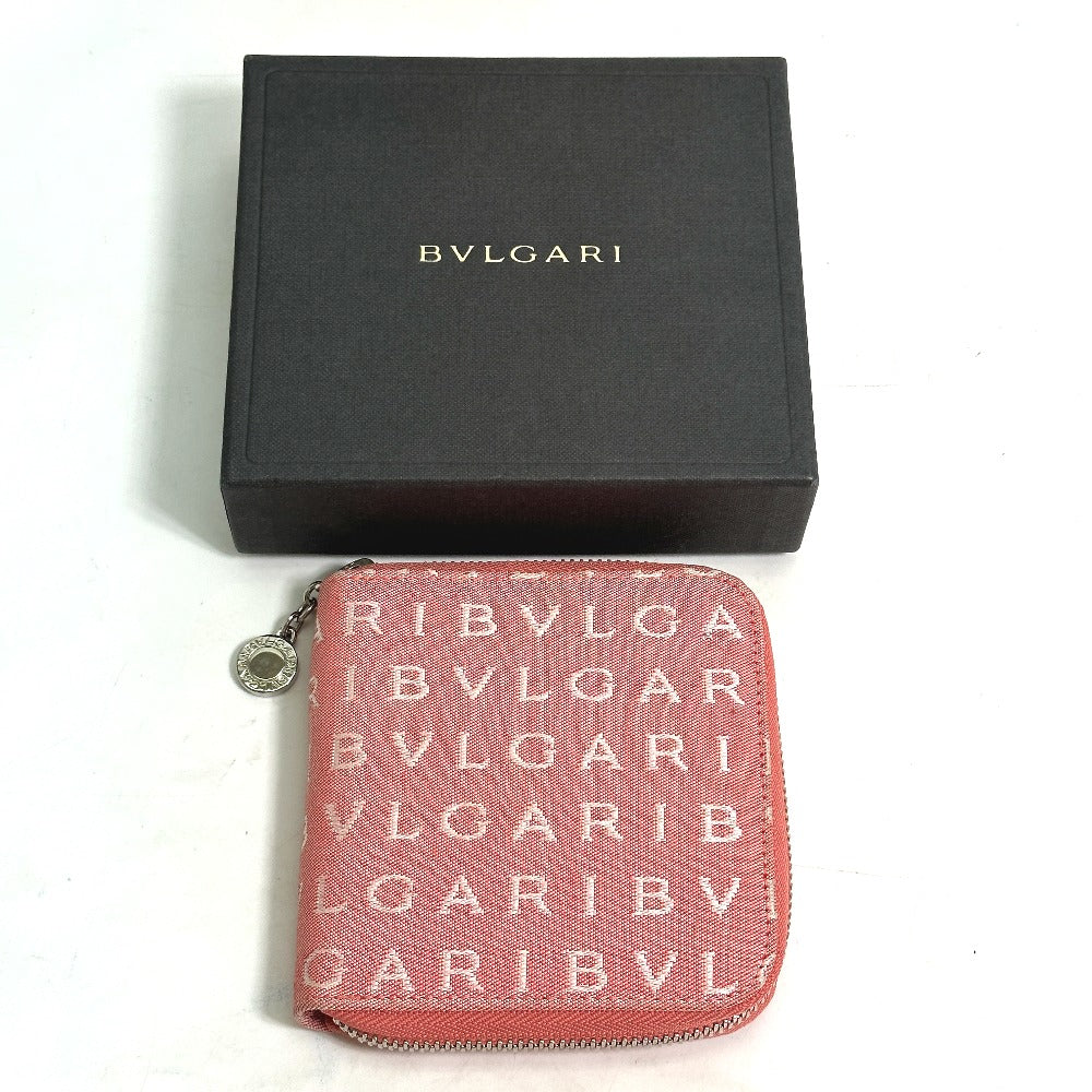 BVLGARI ロゴマニア コンパクトウォレット ラウンドファスナー 2つ折り財布 キャンバス レディース ピンク