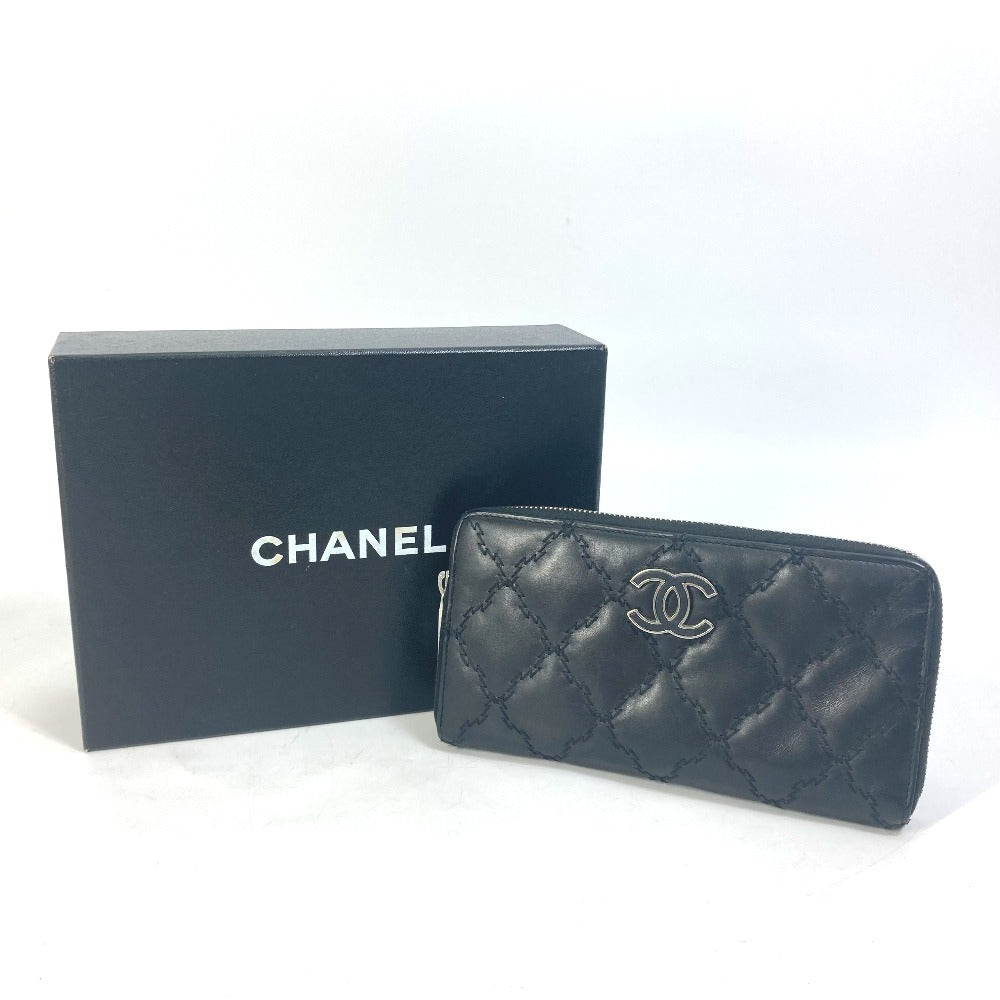 CHANEL ココマーク CC マトラッセ キルティング ラウンドファスナー 長財布 ラムスキン レディース ブラック