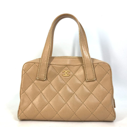 CHANEL CC Coco Mark Wild Stitch Vintage Boston Bag Shoulder Bag Handbag Leather Women's Beige