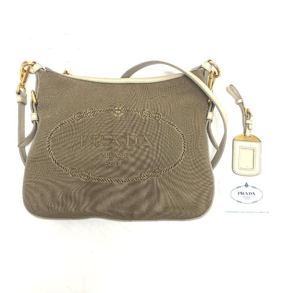 PRADA BT0706 Logo Jacquard Shoulder Bag in Canvas/Leather, Beige