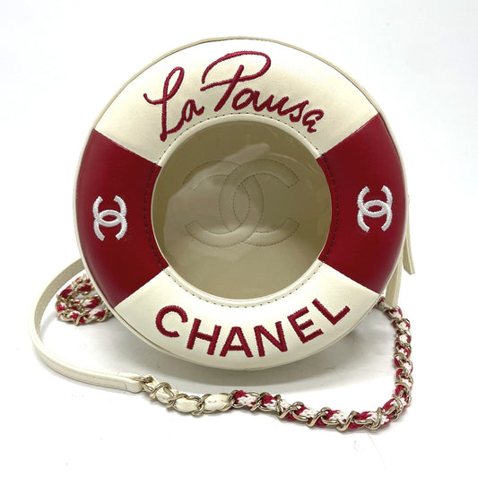 CHANEL AS0209 ココマーク CC ラウンド スモール チェーン クルーズライン カバン ポシェット ショルダーバッグ ラムスキン レディース ホワイト/レッド