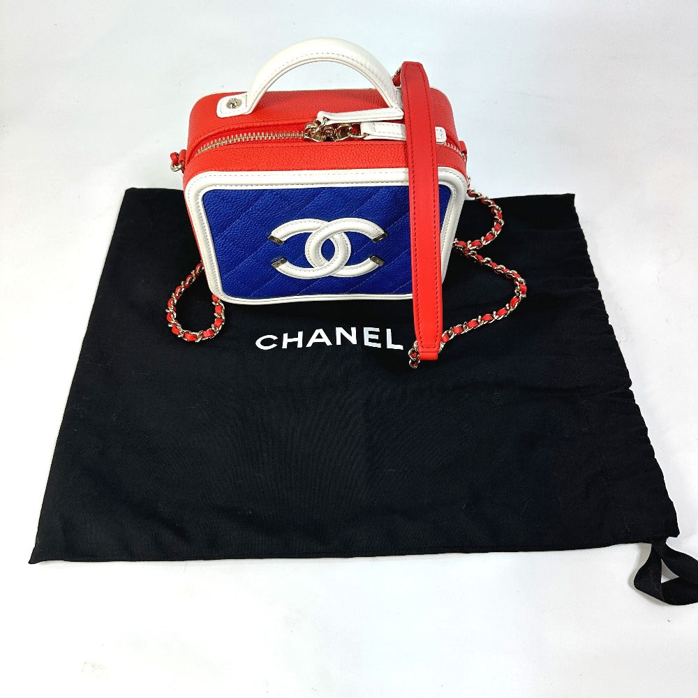 CHANEL A93342 Coco Mark CC Filigree Vanity Bag, Tricolor Caviar Leather Shoulder Bag, Red