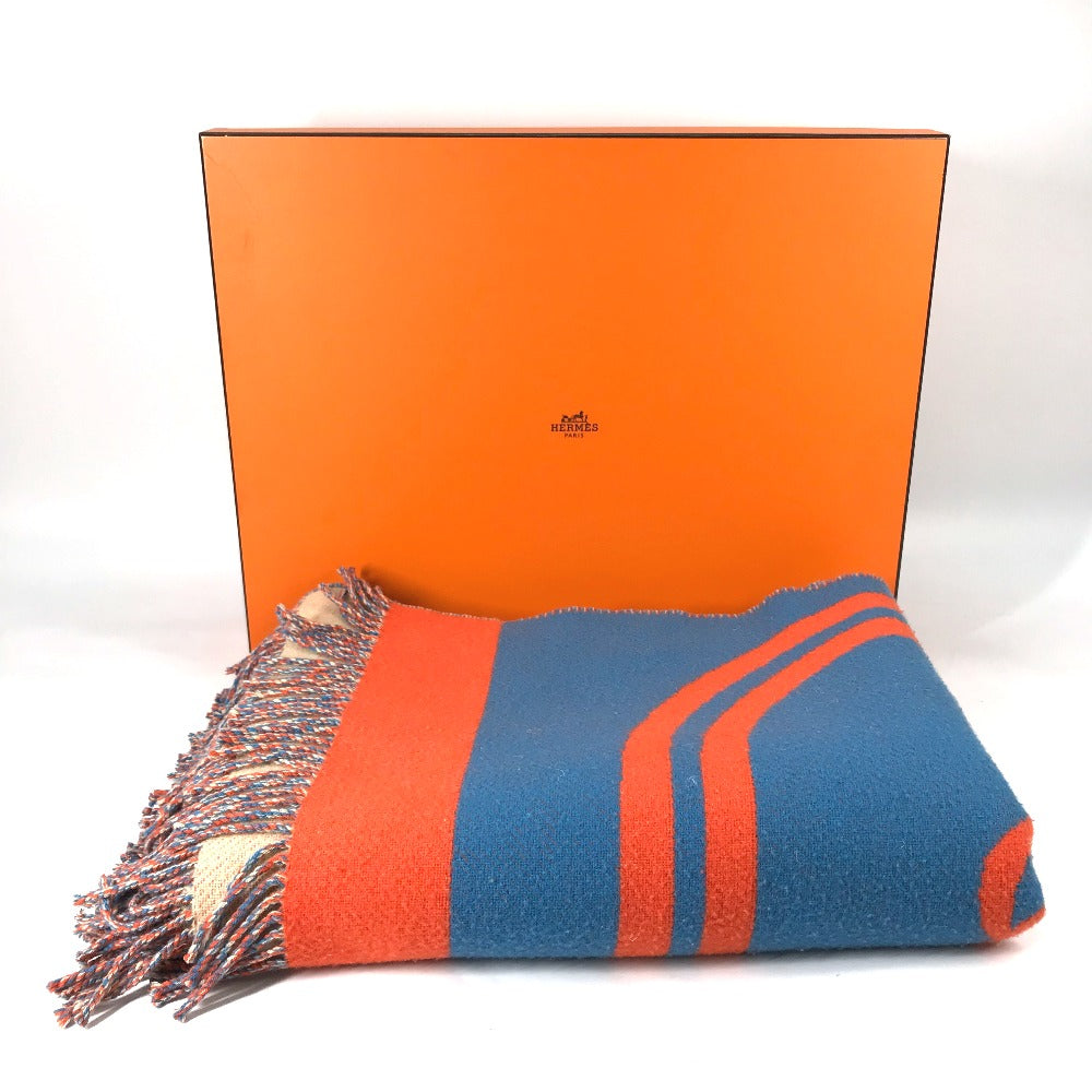 HERMES "Brides de Gala" Plaid Blanket, Fringe, Wool/Cashmere, Unisex, Orange