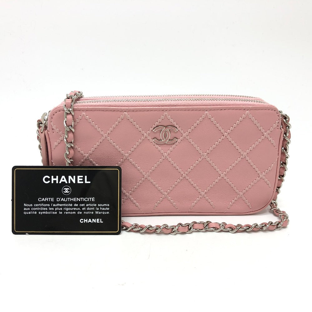 CHANEL A82527 CC Coco Mark Matelasse Wild Stitch Chain Wallet Long Wallet Shoulder Bag Lambskin Women's Pink