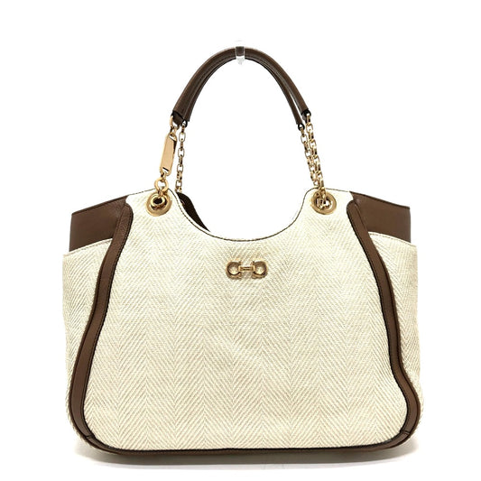 Salvatore Ferragamo Gancini Shoulder Bag/Tote Bag in Beige Canvas/Leather for Men