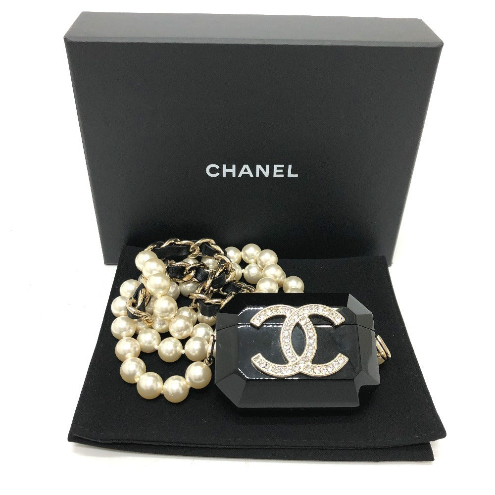 CHANEL AB6425 CC Coco Mark AirPods Pro Case, Apple Pearl Shoulder Bag, P21A Earphone Case, Plastic, Women's, Black