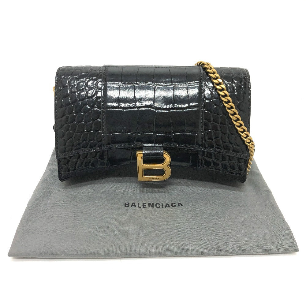 BALENCIAGA 656050 Bロゴ アワーグラス チェーンウォレット ショルダーバッグ レザー レディース ブラック - brandshop-reference