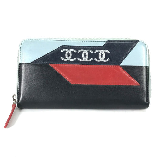 CHANEL Airline Triple Coco Long Wallet, Round Zipper, Leather, Women's, Black