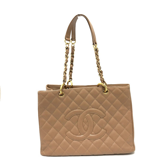 CHANEL トートバッグ デカココ CC ココマーク マトラッセ Wチェーン バッグ カバン ショルダーバッグ キャビアスキン レディース ベージュ