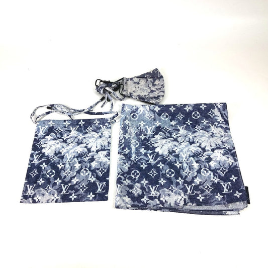 LOUIS VUITTON MP2886 Monogram Tapestry 3-Piece Set: Mask, Drawstring Pouch, and Bandana. Cotton Mask, Women's, Navy.
