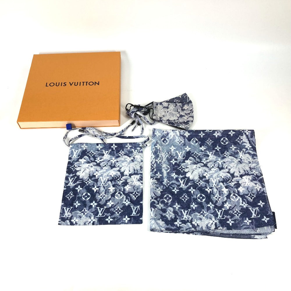 LOUIS VUITTON MP2886 Monogram Tapestry 3-Piece Set: Mask, Drawstring Pouch, and Bandana. Cotton Mask, Women's, Navy.