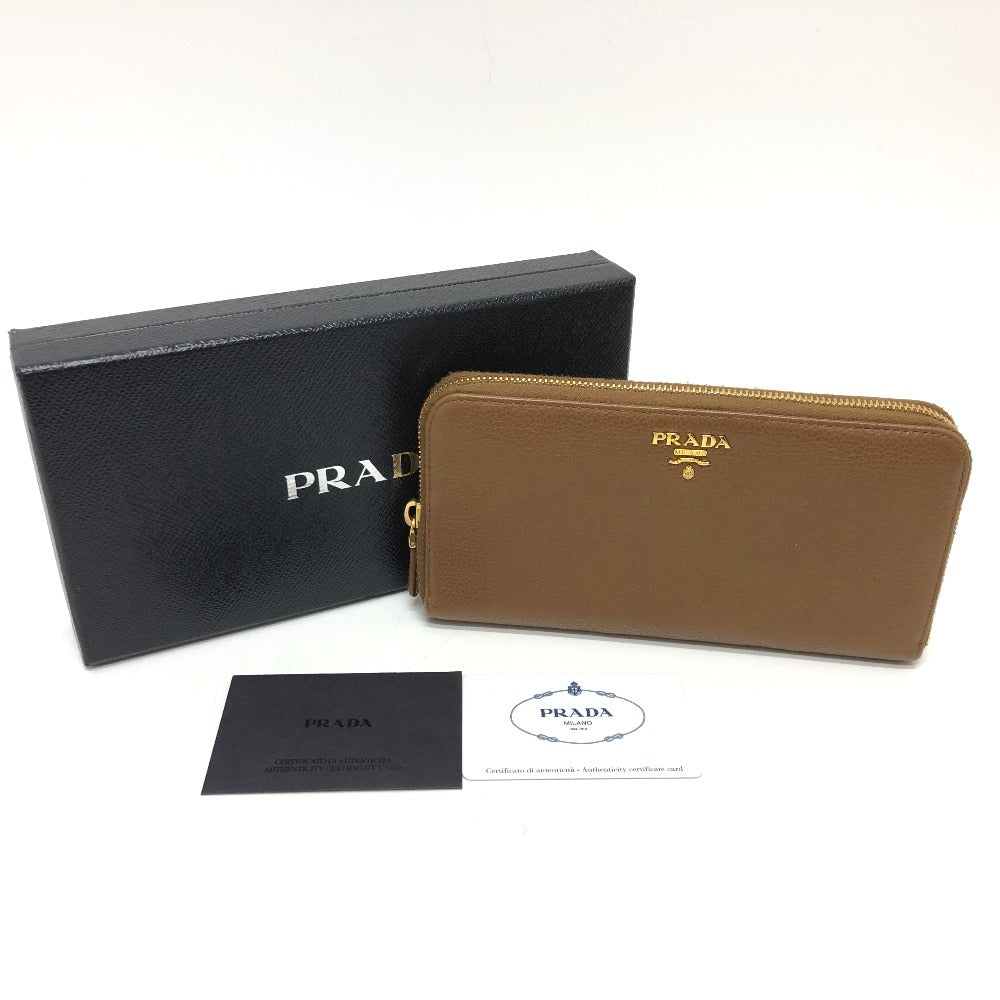 PRADA 1M0506 Logo Round Zip Long Wallet Leather Women's Brown