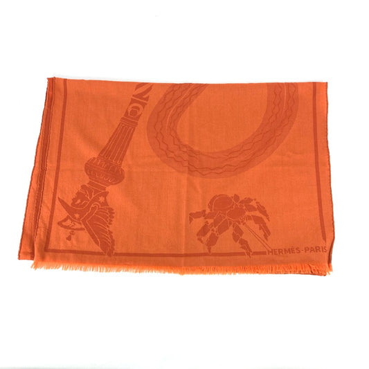 HERMES Cheval Horse Print Large Wool Shawl/Scarf with Fringe, Women's, Orange