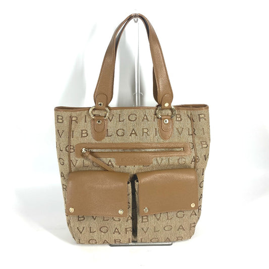 BVLGARI 801904 Maxi Logo Logomania Shoulder Bag/Tote Bag in Leather/Canvas, Beige
