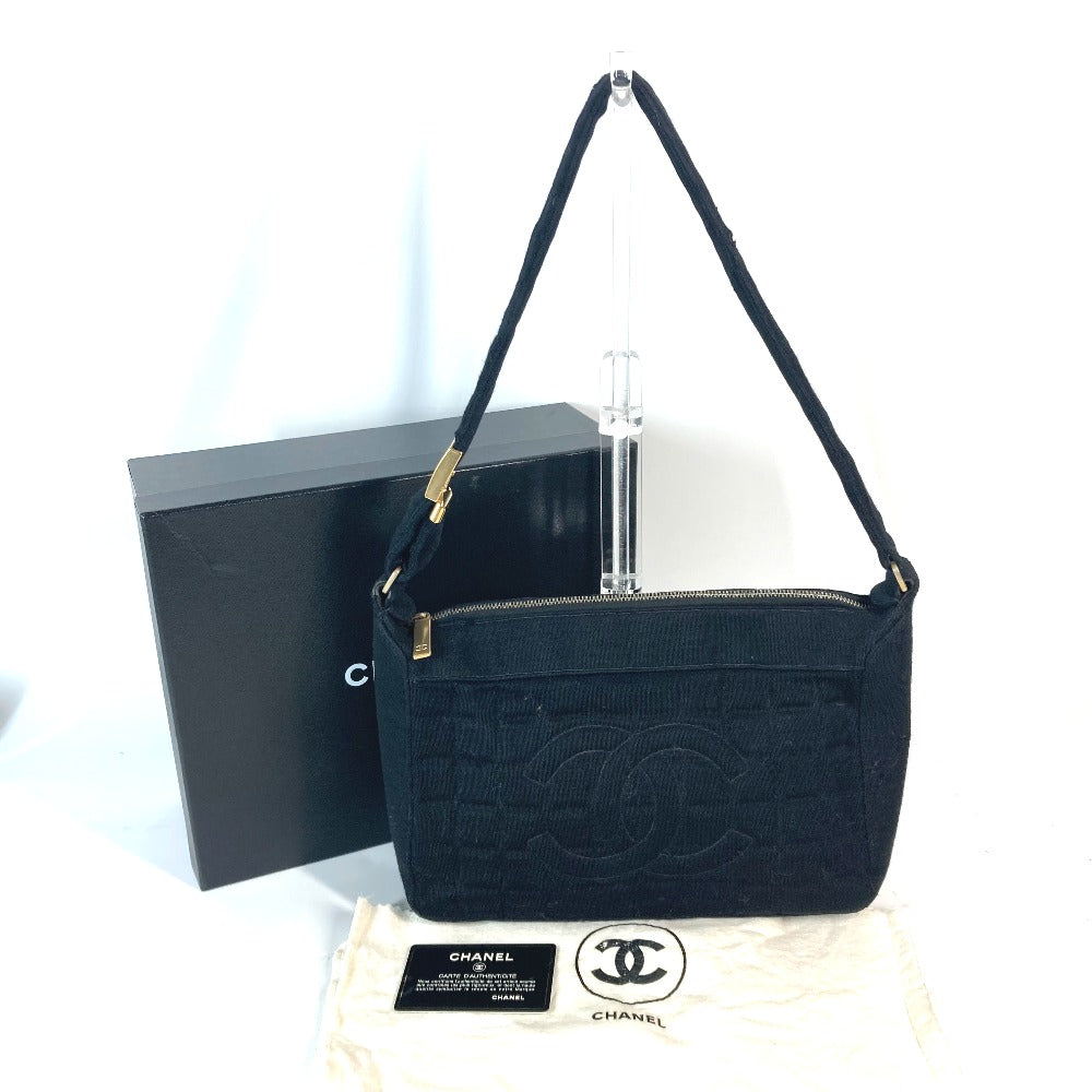 CHANEL กระเป๋าหิ้วลายควิลท์โลโก้ช็อกโกแลตบาร์ CC โคโค่มาร์ก กระเป๋าเครื่องประดับ สะพายไหล่ผู้หญิง ผ้าเจอร์ซีย์ สีดำ