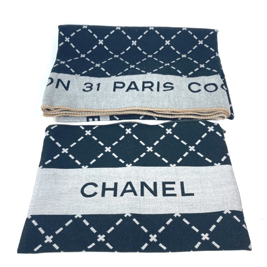 CHANEL 大判 ロゴ ポーチ付き インテリア ひざかけ ブランケット ウール レディース ブラック