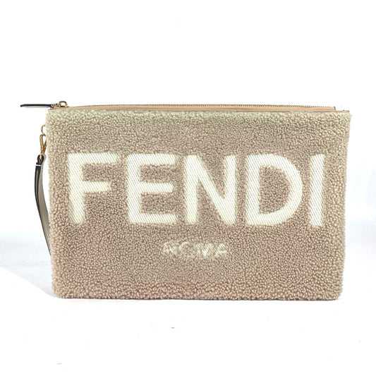 FENDI 8N0178 Mouton Logo Boa Clutch Bag Pouch with Strap, Beige, Women's