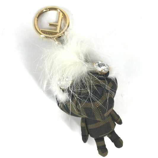 FENDI Fur Rhinestone Zucca Logo Monster Space Monkey Keychain/Bag Charm Canvas Women's Brown