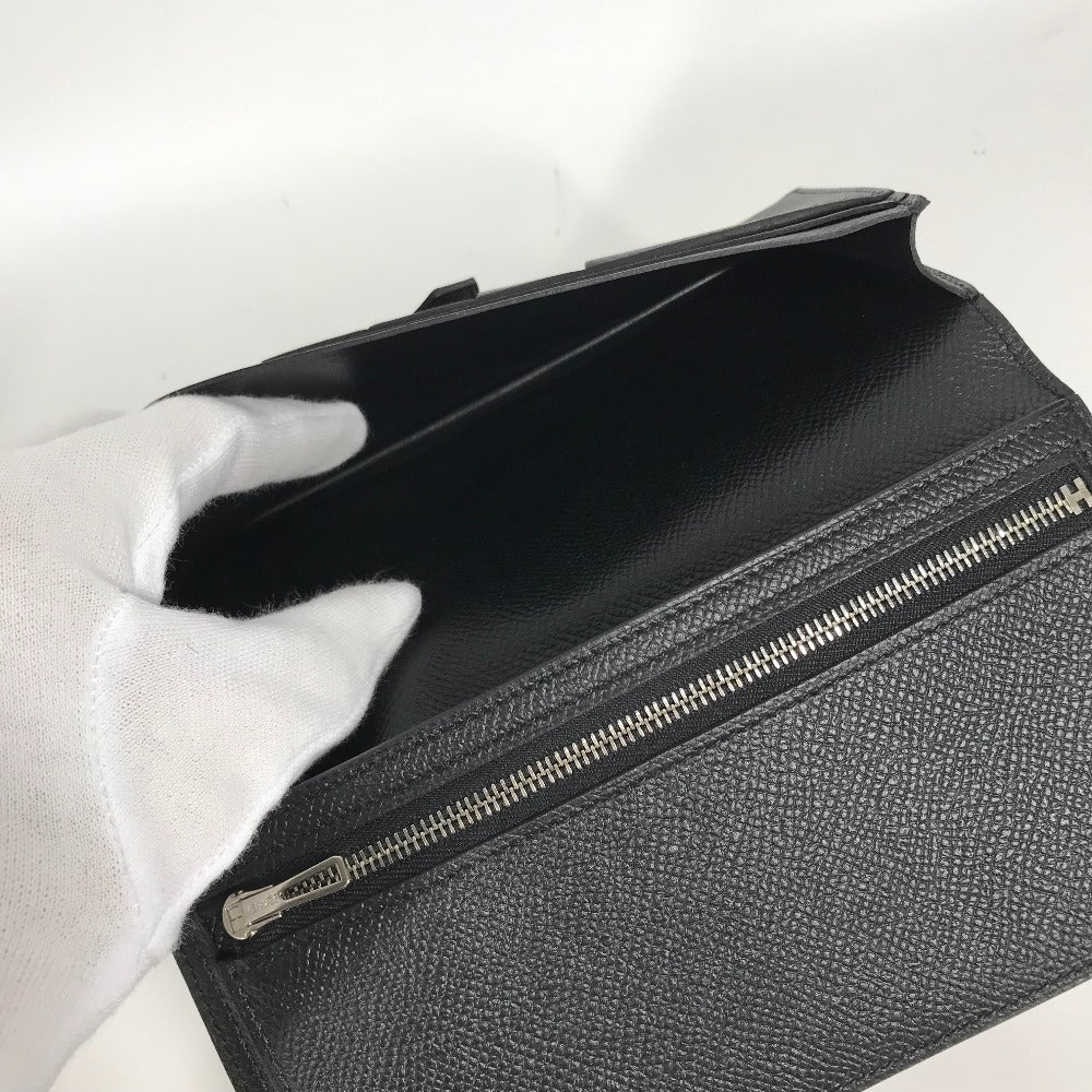 HERMES H Logo Bearn Soufflet Bifold Long Wallet, Epson, Unisex, Black