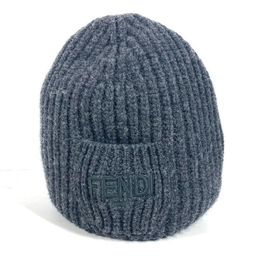 FENDI FXQ959 Logo Pocket Beanie Hat Knit Cap Wool Unisex Gray