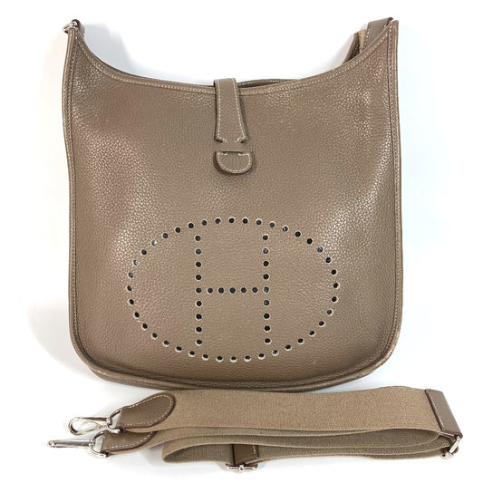 HERMES Perforated Logo Evelyn GM 3 Shoulder Bag, Taurillon Clemence Leather, Unisex, Etoupe, Gray
